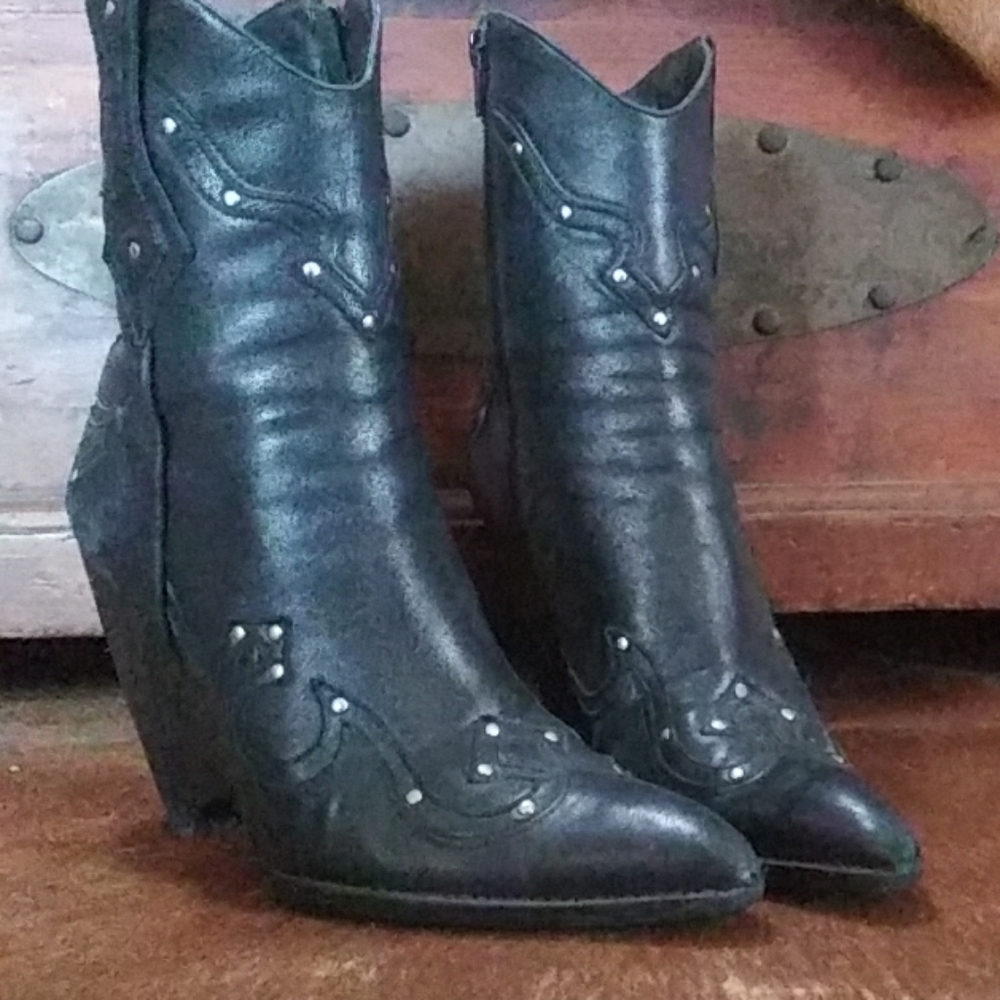 Black leather, studded , wedge ankle boots.